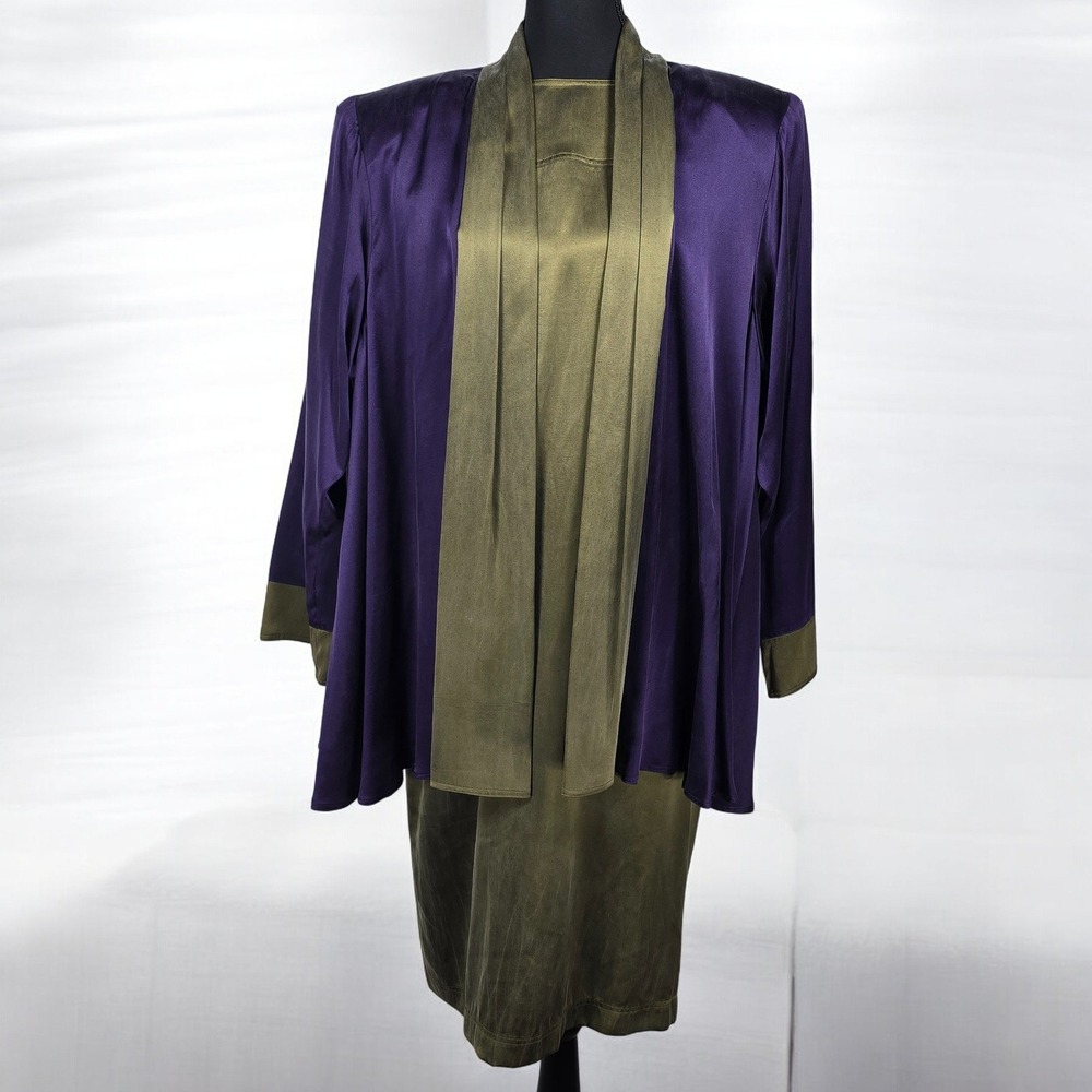 VTG 80s R B DESIGN GROUP‎ Dress Jacket Set 100% Silk Women 6 Purple Olive Green